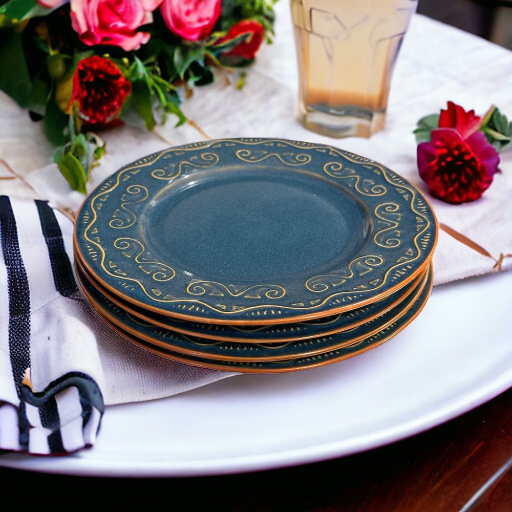 Set of 4 Pier 1 TUNISIA 8 1/2" Blue with Tan Scroll Lunch/Salad Plates